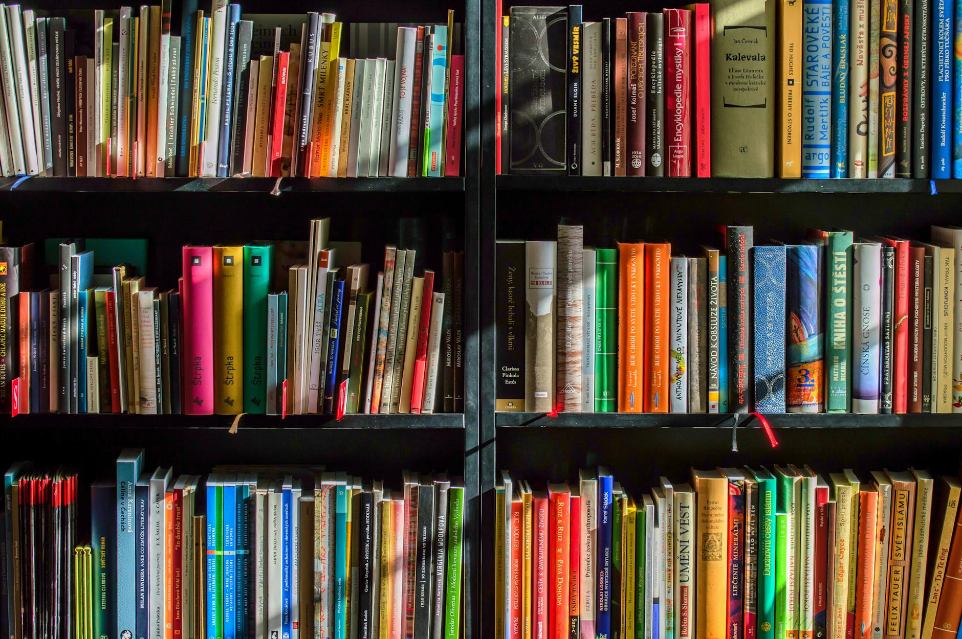 Background image of a bookshelf with colorful books